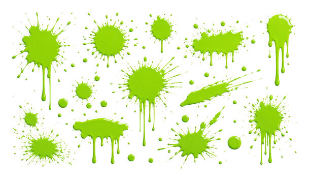 Green paint splatters and drips set isolated on transparent background