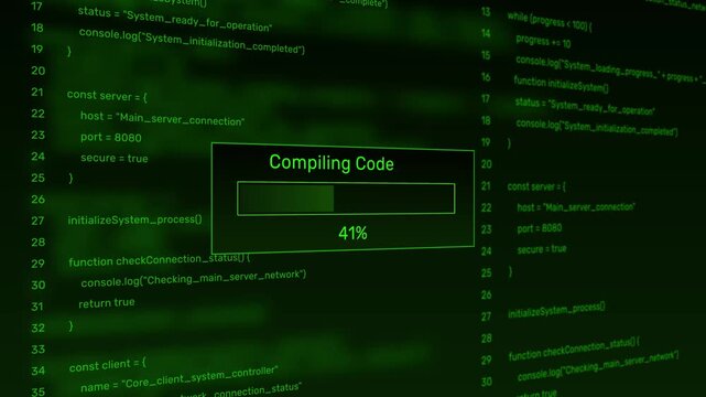Compiling code progress bar at 0-100% on digital code background programming computer. Motion graphics of programming loading bar