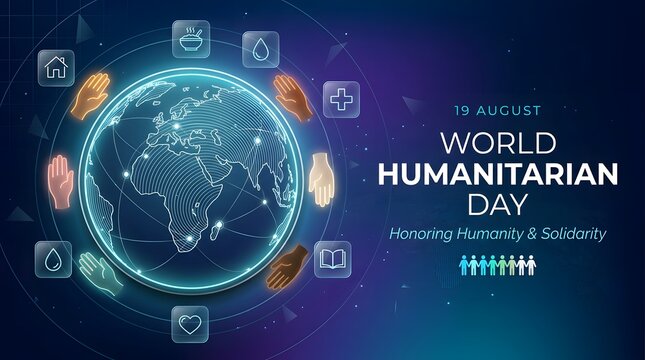 Glowing earth illustration surrounded by humanitarian icons on a dark blue background