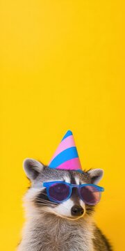 Raccoon celebrating wearing birthday party hat and sunglasses