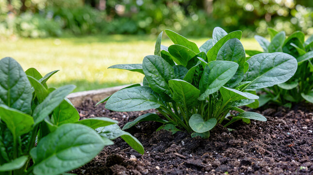 Close-up of fresh green spinach plants growing in dark fertile soil in outdoor garden bed. Healthy organic agricultural crop cultivation in vegetable backyard patch during sunny day