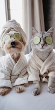 Dog and cat relaxing enjoying spa treatment