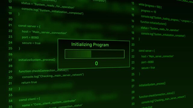 Initializing program system loading bar animation loop with percentage progress box on dark programming code background visual asset