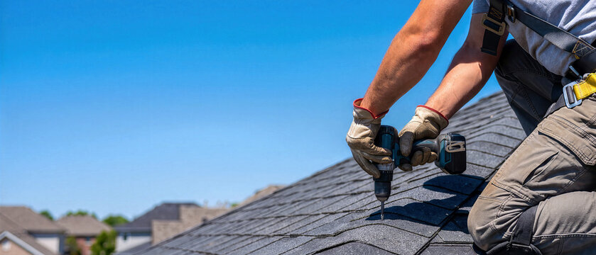 Professional roofer wearing a safety harness and gloves using a cordless power drill to install asphalt shingles on a residential house roof under a clear blue sky with space for text