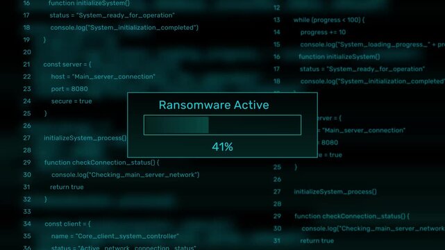 Ransomware active cyber security threat progress bar animation loop with percentage status box on dark programming code background visual asset