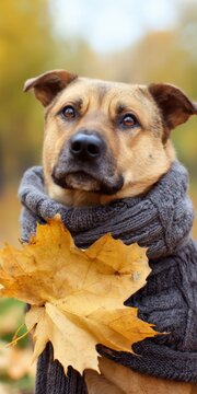 Cute dog wearing sweater holding maple leaf in autumn park