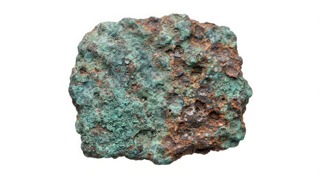 Closeup of a piece of weathered copper ore or slag with green oxidation and rust, isolated on white background