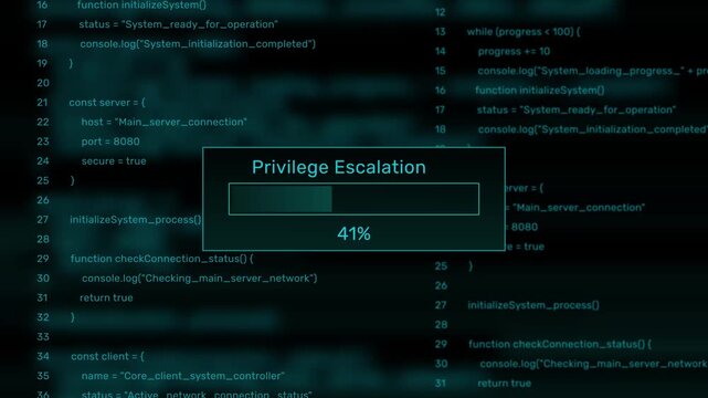 Privilege escalation cyber security exploit progress bar animation loop with percentage status box on dark code background asset