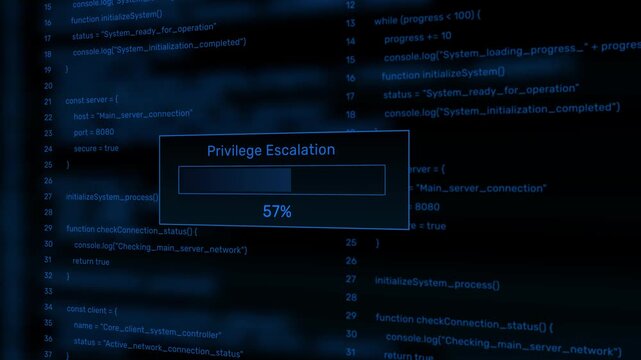 Privilege escalation cyber security exploit progress bar animation loop with percentage status box on dark code background asset