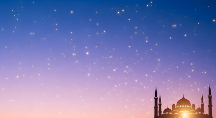 Fototapeta premium Mosque silhouette against a starry night sky with a gradient purple and orange background