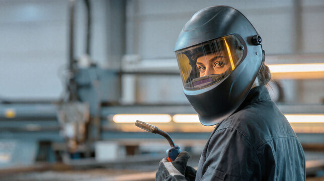 Female welder holding torch and wearing dark protective welding helmet looking at camera over shoulder. Close-up portrait of female industrial worker in heavy manufacturing factory workshop