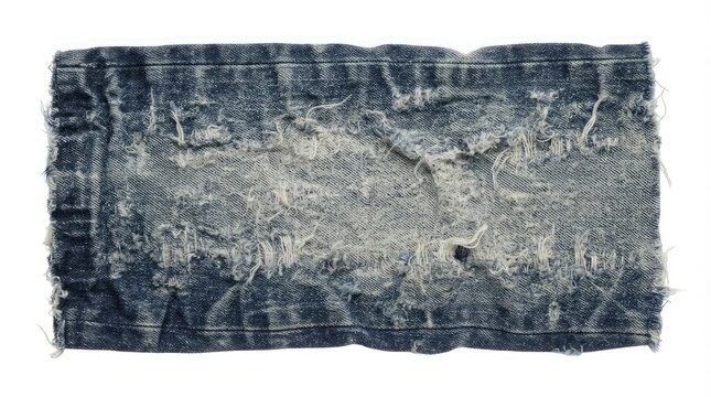 Distressed blue denim fabric texture with frayed edges isolated on white background
