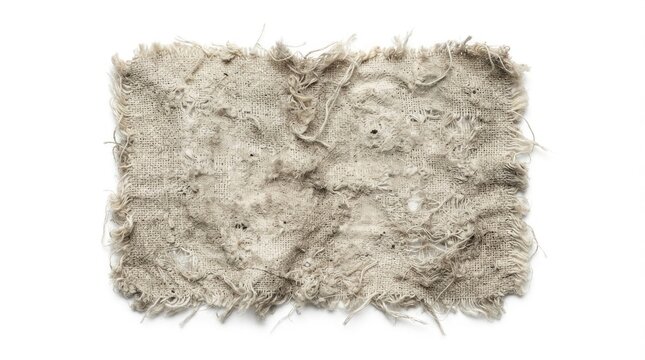 Old torn piece of burlap fabric isolated on white background