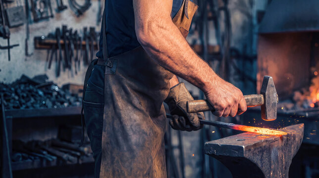 Blacksmith shaping glowing hot metal on an anvil using a hammer in a traditional dark forge workshop. Metalworker wearing leather apron forging steel with flying sparks in artisan craft studio