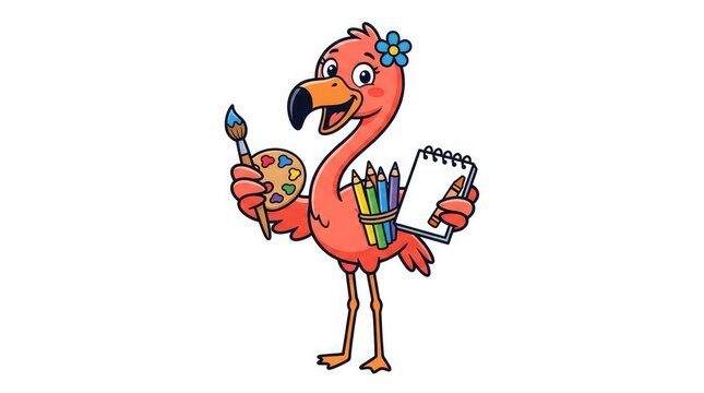 Cute cartoon flamingo artist holding a paintbrush and a sketchbook