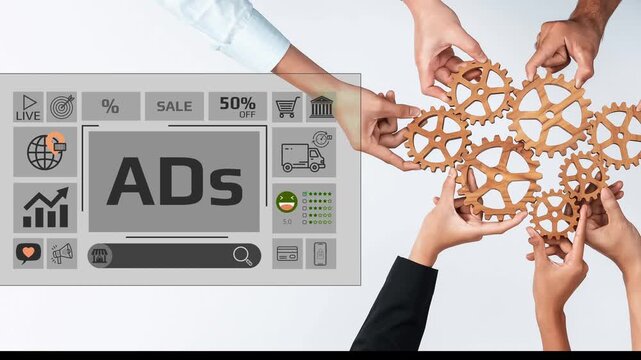 This image captures a collaborative marketing strategy, featuring gears and advertising elements, illustrating teamwork and innovation in business promotions. Perfect for business concepts. Entropy.