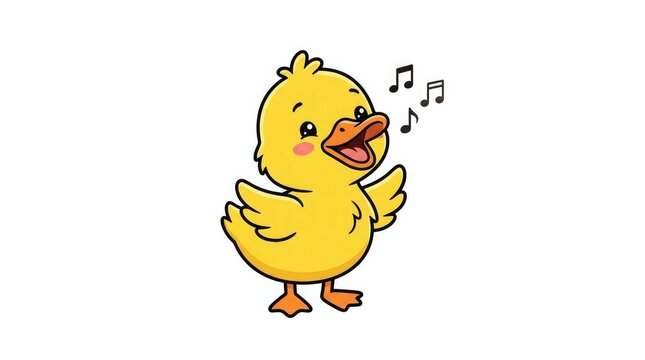 Cute cartoon duckling singing with musical notes