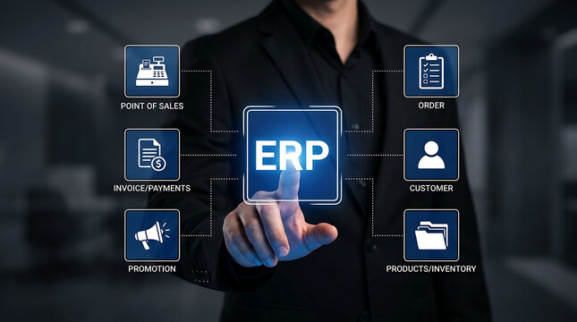 Businessman touching ERP enterprise resource planning business system interface