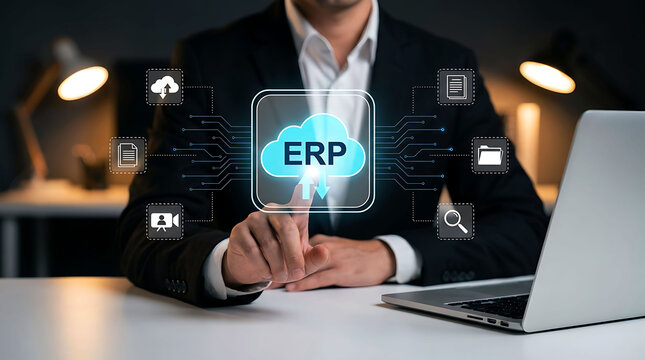 Businessman touching cloud ERP enterprise resource planning digital system icon