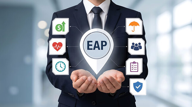 Businessman holding EAP employee assistance program pin icon with service symbols