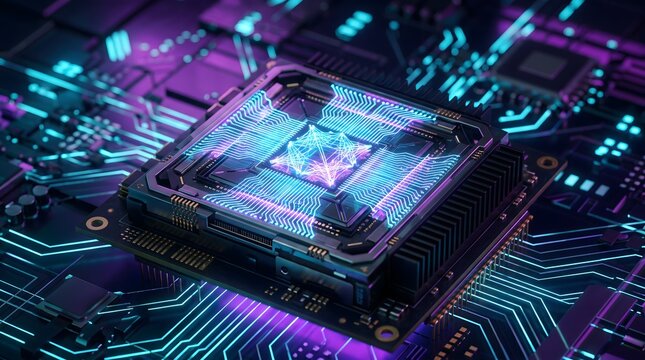 Advanced central processing unit featuring glowing neon circuitry and intricate geometric data patterns on a dark futuristic motherboard hardware platform