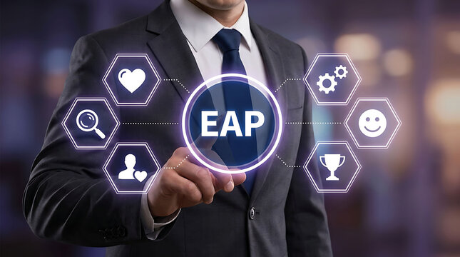 Businessman touching EAP employee assistance program virtual interface icons