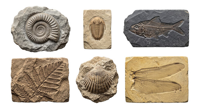 six prehistoric fossils displayed in rows