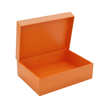Open orange cardboard box with lid up