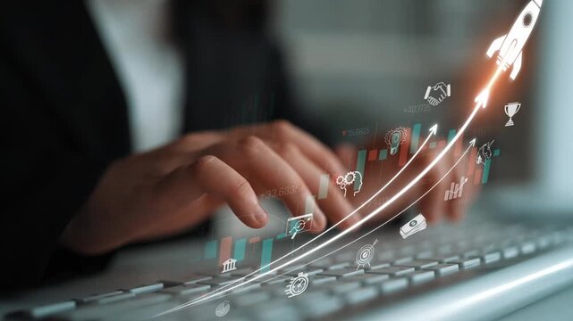 Business Growth Concept with Hands on Keyboard and Digital Graphs Representing Success and Innovation in Technology with Icons of Progress and Achievement Sigmoid