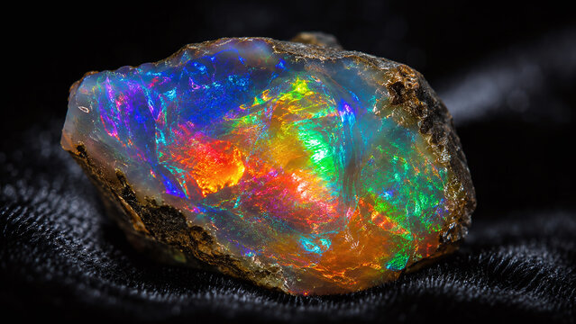 Raw Precious Opal Gemstone with Vivid Fire Play of Color on Black Velvet Macro Close-Up