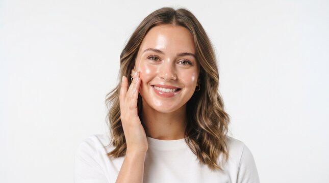 Smiling Woman Touching Face Isolated on White Background &ndash; Beauty, Skincare and Wellness Concept