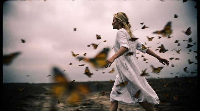 Woman in White Dress Surrounded by Flying Birds &ndash; Dreamlike Freedom and Escape Concept
