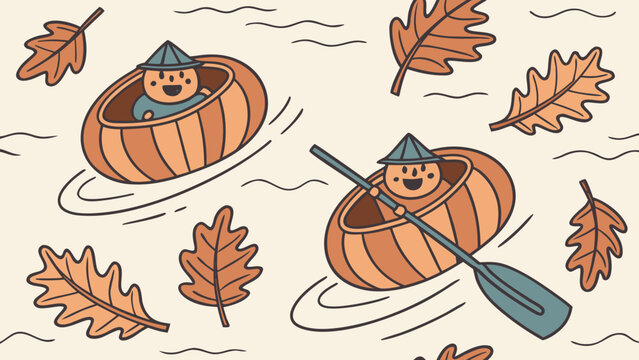 Flat vector seamless pattern of cute characters paddling pumpkin boats with autumn leaves on water