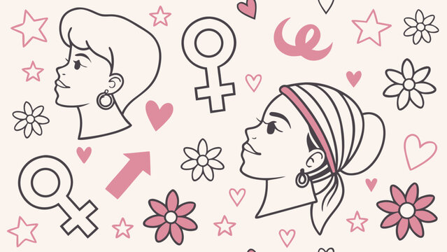 Flat vector seamless pattern of women profiles female symbol hearts and flowers for international womens day