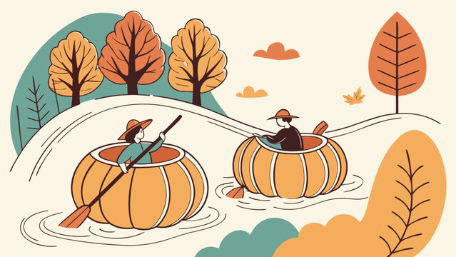 Flat vector illustration of people paddling giant pumpkin boats on river in autumn park