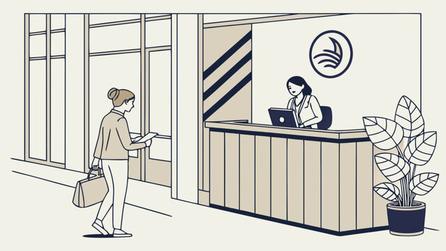 Flat vector illustration of a patient arriving at a modern medical clinic reception desk