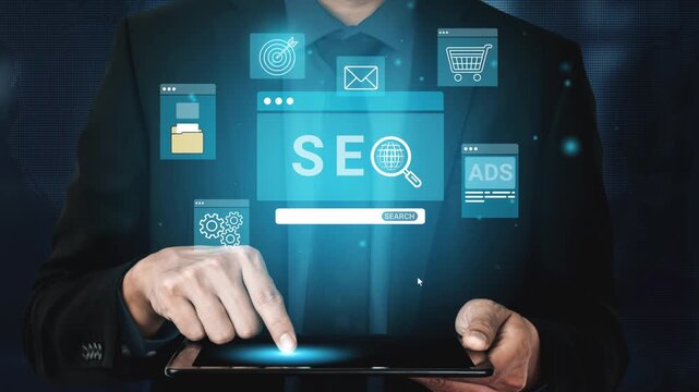 Business professional using modern technology to optimize search engine visibility with digital marketing tools and analytics for online success. Entropy.