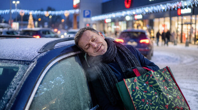 Exhausted adult man resting head on frosted car window in parking lot after holiday shopping. Tired male holding patterned Christmas bag outside decorated shopping center in winter evening