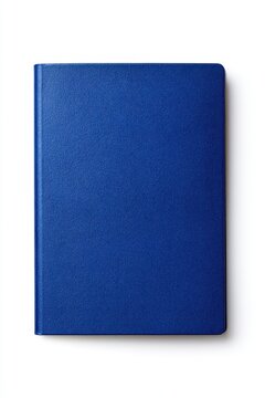 Flat lay of a blue travel document cover on a white surface with precise isolation