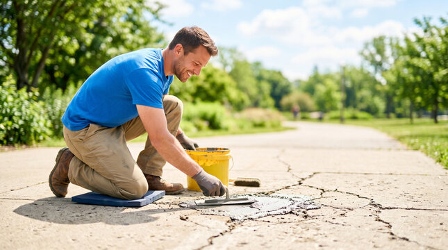 cracked concrete pavement repair worker