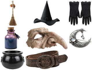 A collection of classic witch costume accessories including a hat, broom, cauldron, potion bottle, gloves, and magical adornments. © A2026_XXX