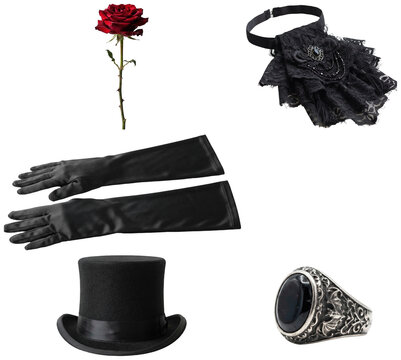 A gothic collection of vampire costume accessories including gloves, ring, cravat, rose, and top hat.
