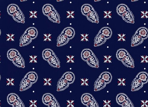 Seamless repeating floral paisley pattern with star elements on a dark blue background