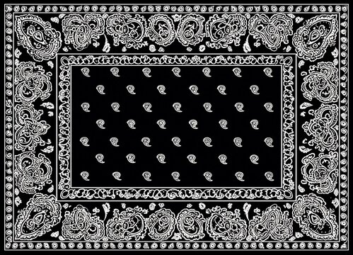 Traditional black and white paisley pattern bandana textile design