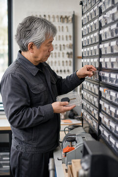 Asian locksmith selecting key blank from organizer in shop. Professional expert performing car key duplication and repair service. Automotive security maintenance and locksmithing task.