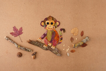 DIY autumn leaf monkey craft for kindergarten education preschool kids school stationery store handmade nature dry foliage animal hobby, © Elena