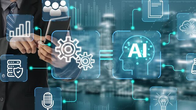 Business professional using smartphone with AI technology interface and data analytics visualization in modern office environment. Entropy.