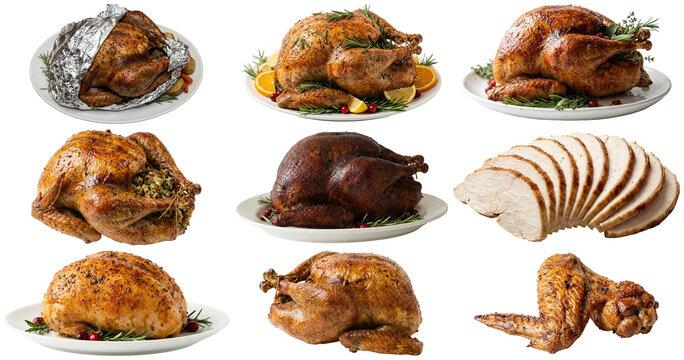 A collection of roasted Thanksgiving turkey preparations including whole birds, carved pieces, stuffed, smoked, and basted presentations.