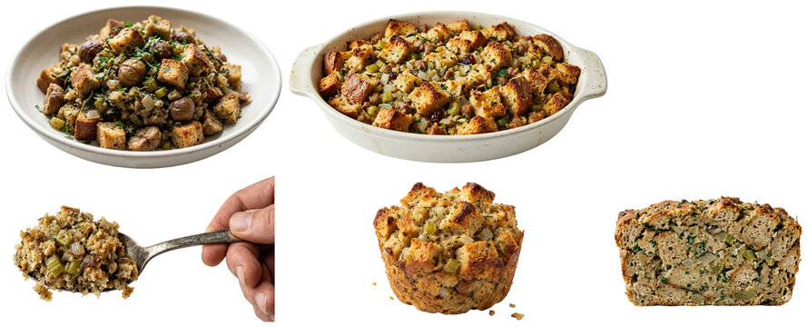 A set of baked stuffing servings and portions with bread cubes, herbs, and browned tops for a classic Thanksgiving side dish.
