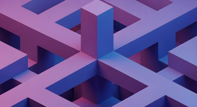 Abstract Geometric Grid Structure with Isometric 3D Blocks and Vibrant Gradient Lighting Effects for Modern Digital Backgrounds